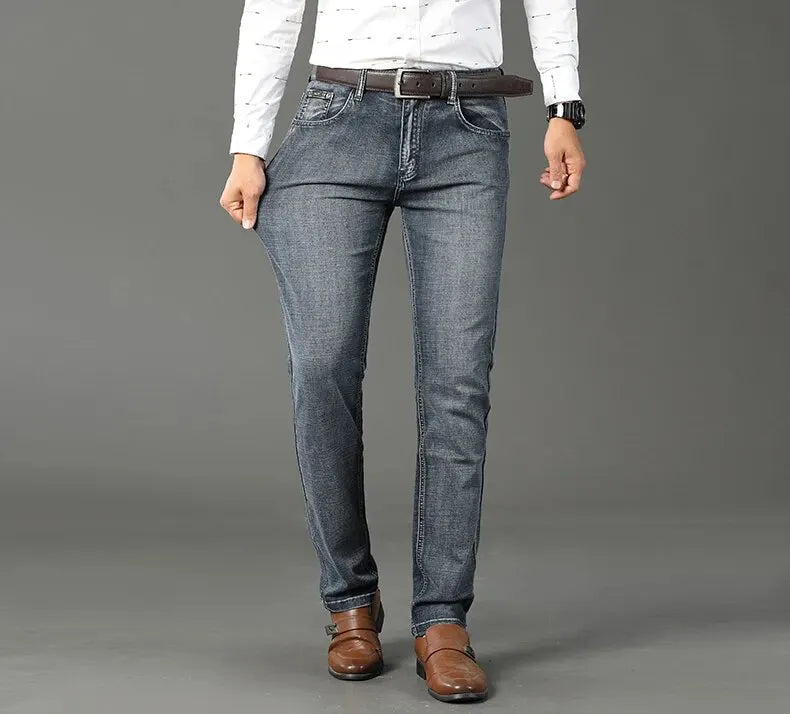 Wthinlee New Business Men's Jeans fleece Casual Straight Stretch Fashion Classic Blue Black Work Denim Trousers Male  Clothing