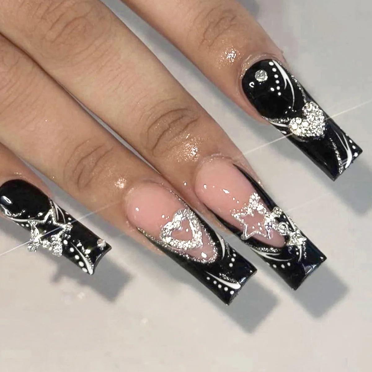 Gradient Black Fake Nails Long Ballerina Nails Press on Simple Full Cover False Nails Tips for Women Girls DIY Manicure 24Pcs