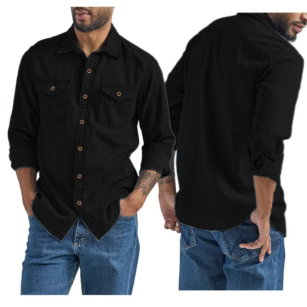 Men's Casual Denim Shirts Long Sleeve Button Vintage Blue Washed Cowboy Shirts Slim Fit Outdoor Workwear Tops for Men
