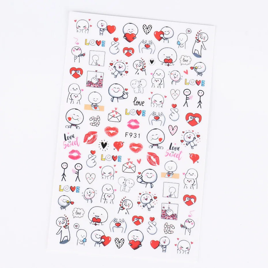 1PCS New Black White Love Heart English Alphabet Nail Art Sticker Nail Decoration Decal DIY Valentine's Day 3D Adhesive Stickers