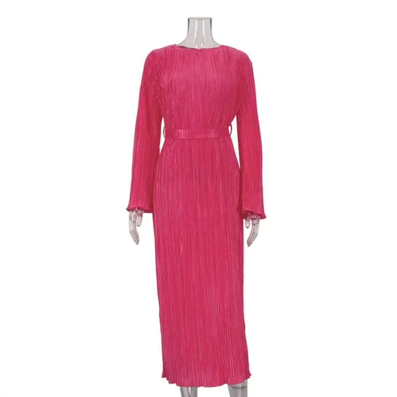 Autumn Winter Party Dress for Women 2025 Y2K INS Elegant Fashion Long Sleeve O Neck Lace Up Folds Evening Graduation Long Dress