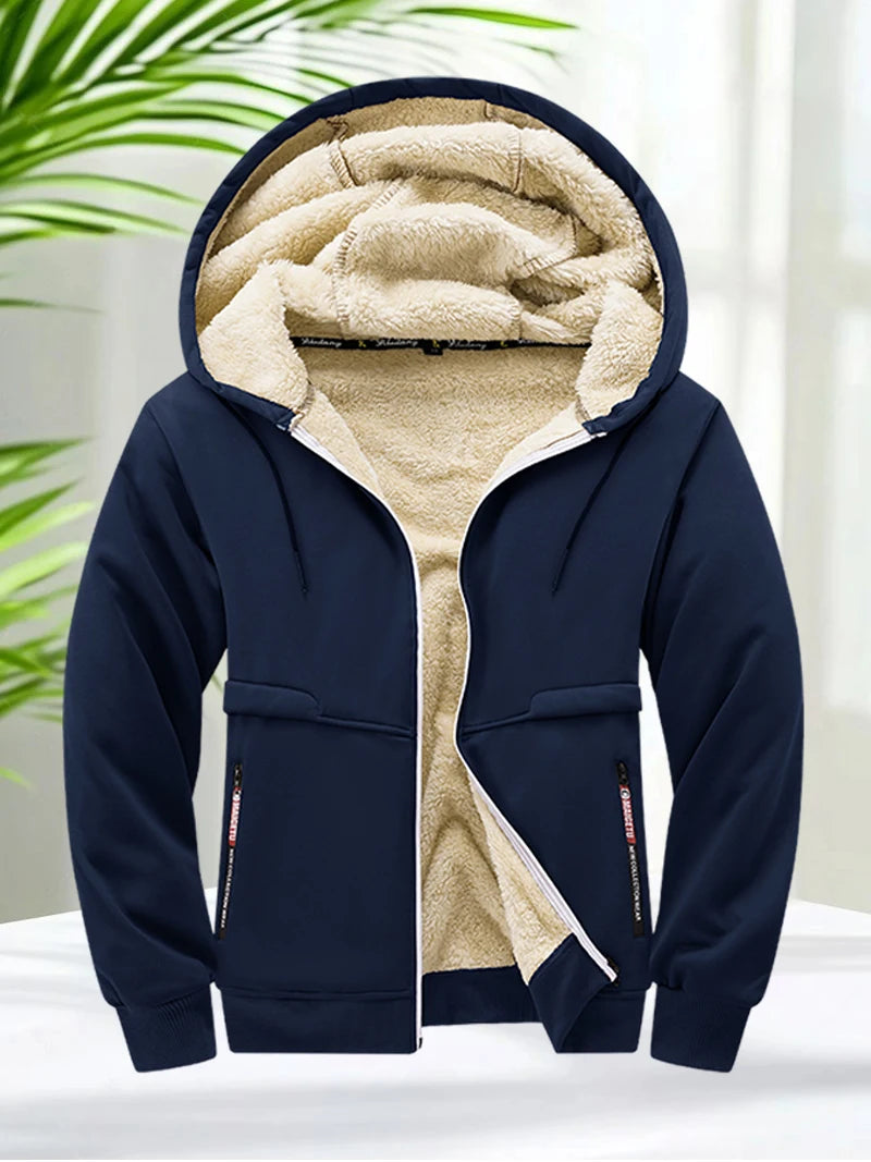 Faux Fur Lined Hoodies for Men Autumn Winter Thicken Fleece Sherpa Jacket Zip Up Hooded Coats with Zipper Pockets for Daily Wear
