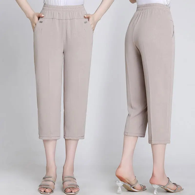 Office Lady Vintage Loose Straight Pants Spring Summer Thin Women Streetwear Fashion Casual Elastic High Waist Cropped Trousers
