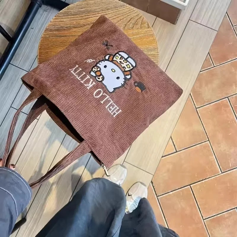 New Hello Kitty Handbag Cute Embroidered Large-Capacity Cartoon Handbag Corduroy Small Bag Students School Single Shoulder Bag