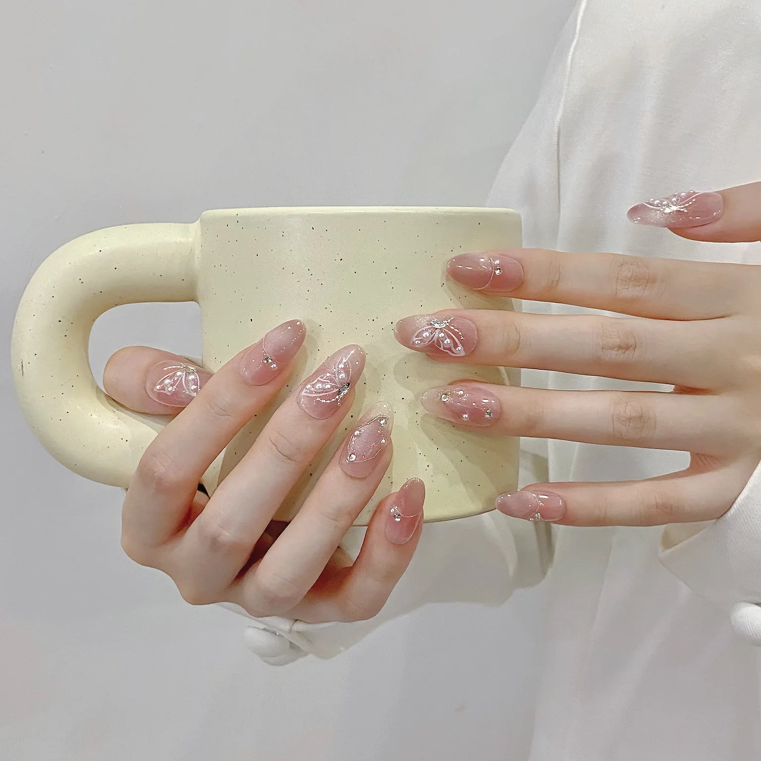 Butterfly Cat Eye Press-On Nails | 10pcs Pink Handmade French | Reusable Wearable Nail Art Tips