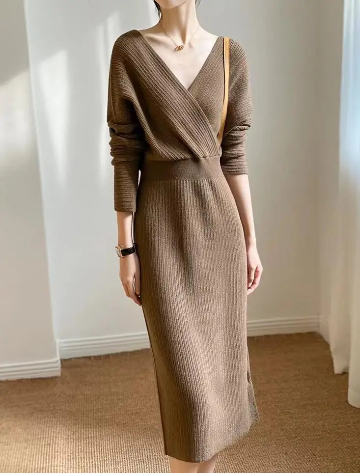 New Autumn/Winter Fashion Long Sleeve V-neck Knitted Solid Color Slim Fit Dress For Women,5 Colors