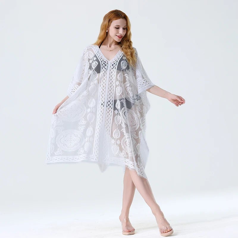 Swim Cover Up Lace White Beach Dress Sexy Long Cover up Woman Swimwear Bikini Tunic Long Pareos Robe Beachwear Outfit