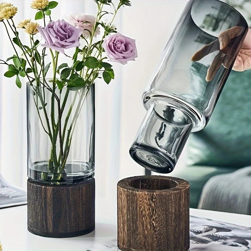 Elegant Glass Vase with Wooden Base for Hydroponic Plants