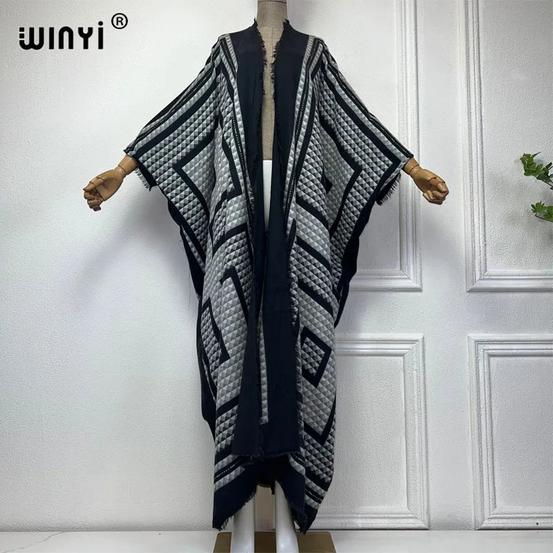 WINYI new winter clothes for women Geometric print Africa Luxury Long Fur Loose dress Thick Warm long down coat winter abaya