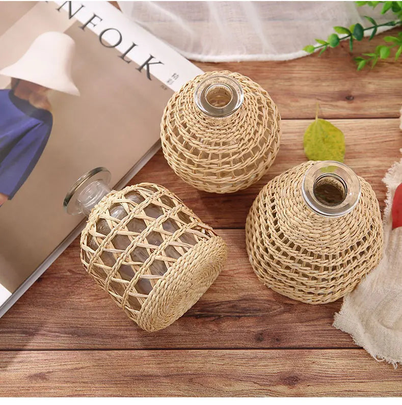 Japanese Style Hand-woven Glass Aroma Vase Small Diameter Dried Flowers Dining Table Decoration Plant Pots Decorative