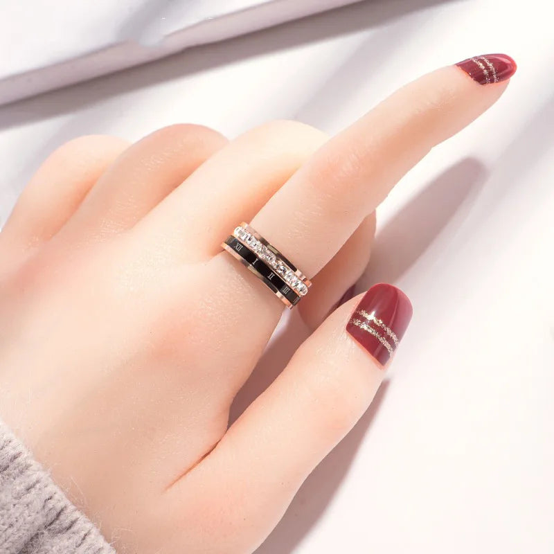 1 Piece of Niche Luxury Roman Numeral Double-Ring Titanium Steel Ring with Micro-Inlaid Zircon for Women, Suitable for Commuting and Street Style, Valentine's Day Gift