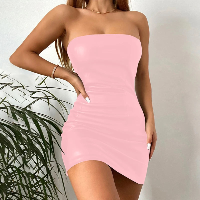 Hugcitar Pu Faux Leather Tube Mini Dress For Women Bodycon Sexy Streetwear Party Club Y2K Clothing Outfits Festival