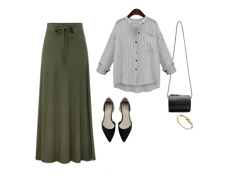 Plus Size Women's Clothing 2025 Fashion Knit Skirt Female High-waisted Long Split A-line Skirt Comforts Women Skirt