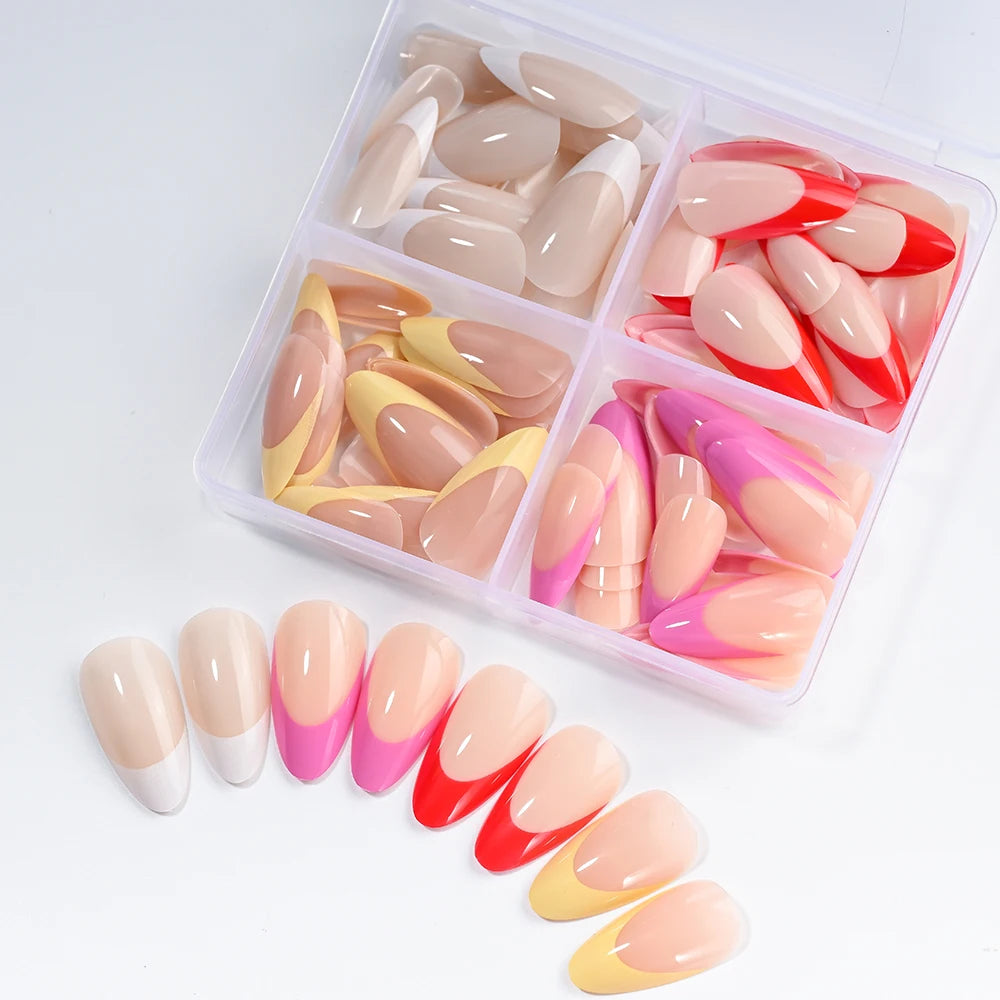 96Pcs/box Mixed Medium Almond French False Nails White/Red/Pink/Yellow French Press On Nails Full Cover Actylic Nail Fake Tips!5