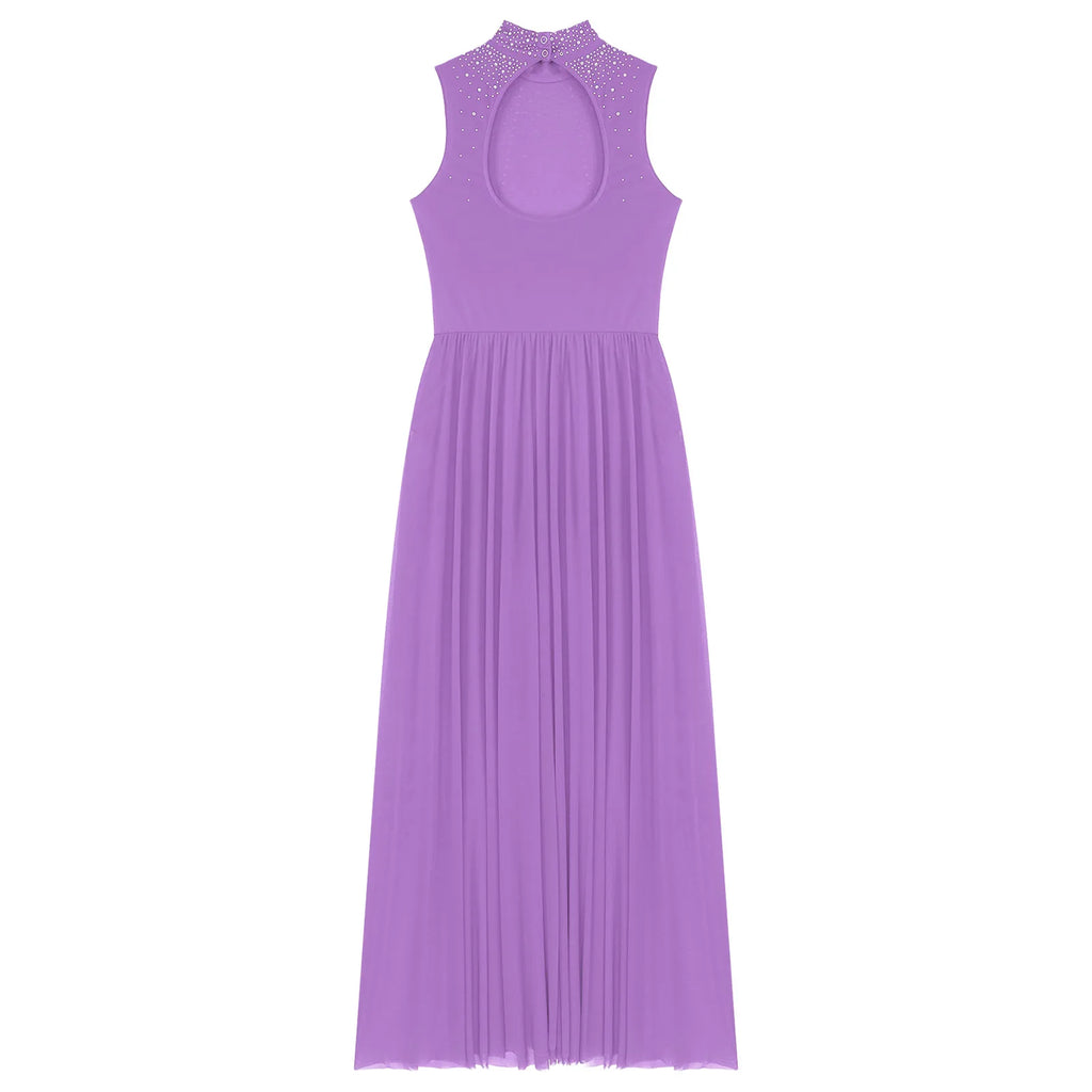Womens Lyrical Dance Dresses Mock Neck Wide Hemline Shiny Rhinestones Maxi Dress Sleeveless Modern Contemporary Leotard Dresses