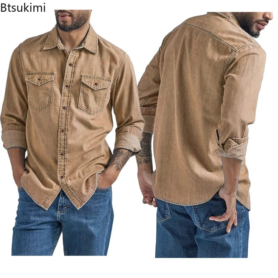 Men's Casual Denim Shirts Long Sleeve Button Vintage Blue Washed Cowboy Shirts Slim Fit Outdoor Workwear Tops for Men