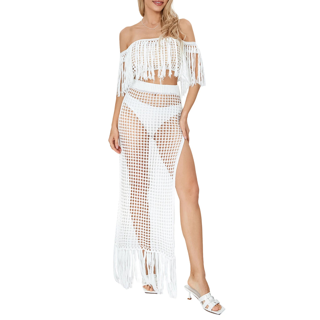 Women 2 Pieces Beachwear Outfits Solid Color Hollow-Out Tassel Off Shoulder Cover-Ups Slit High Waist Sarong Long Skirts Set