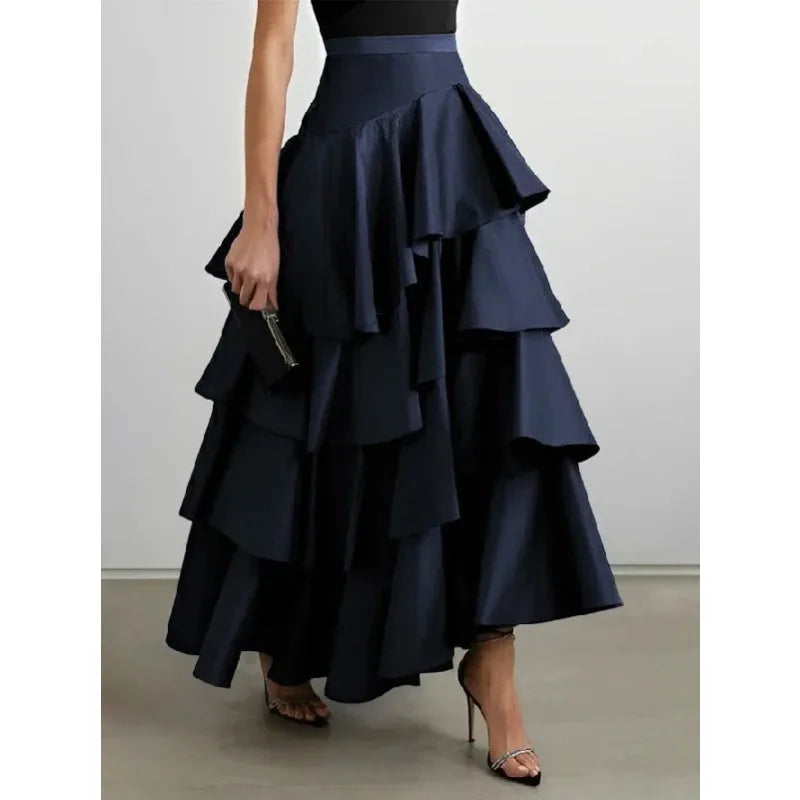 Women's Midi Skirts Summer Autumn Falbala Swing Party A-Line Classic Vintage Skirt for Lady High Waisted Long Skirts Black White