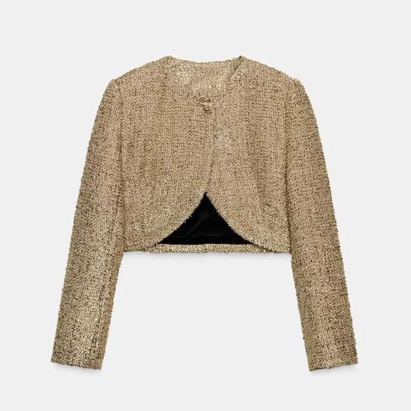 Tweed Style Metallic Thread Jacket Gold Cropped Length Chic Elegant Long Sleeve 2025 Autumn Women Outerwear Fashion Party Jacket