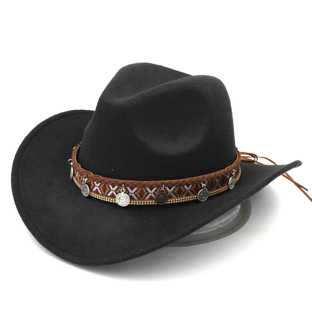 Classic Western Cowboy Hat Cowgirl Cap Fedora Hats Wide Brim Chapeau шляпа Sombrero with Punk Coins Hatband Party for Women Men