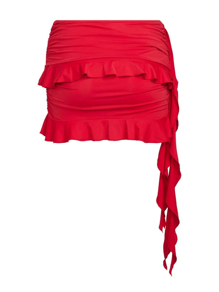 Women Summer Skirts Outfits Solid Color Tie-Up Shoulder Sleeveless Tank Tops Ruffles Mini Skirts 2 Pieces Clothes Set