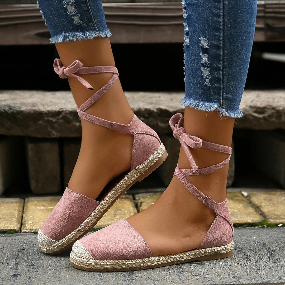 Women Sandals Summer Fashion Round Toe Solid Casual Shoes Flat Ankle Lace Up Rattan Straw Sole Roman Sandals Designer Sandals