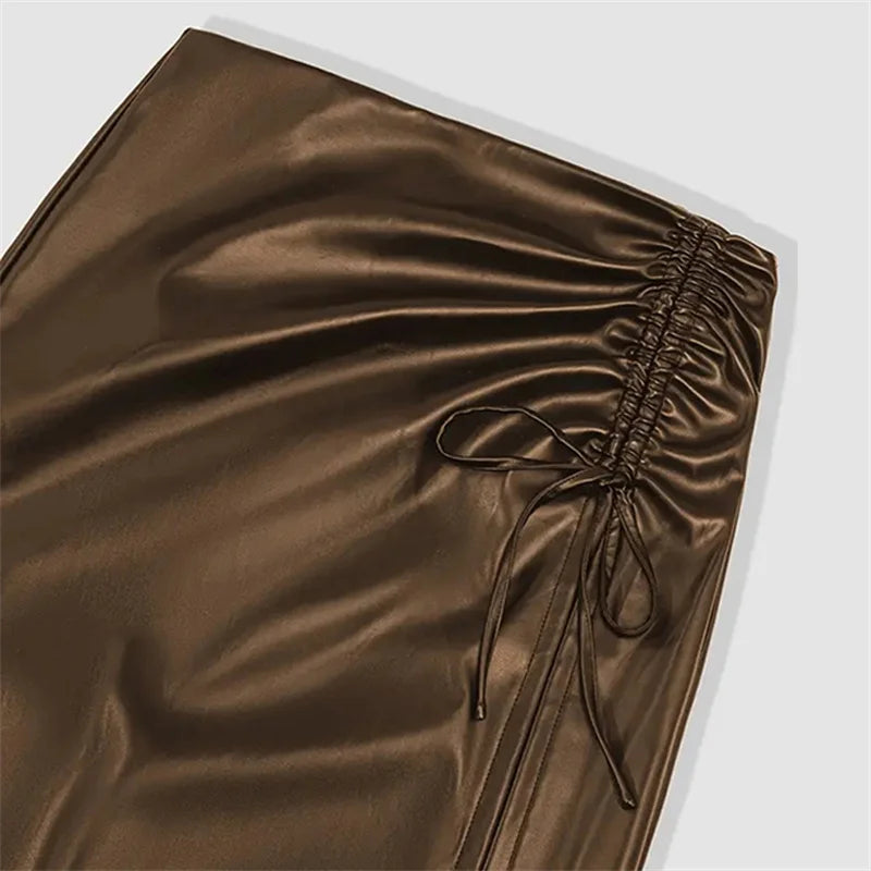 Y.KUKU Sexy PU Skirts For Women Fashion Black Drawstring Midi Skirt Streetwear High Waist Women Clothing Saia Faldas Femme