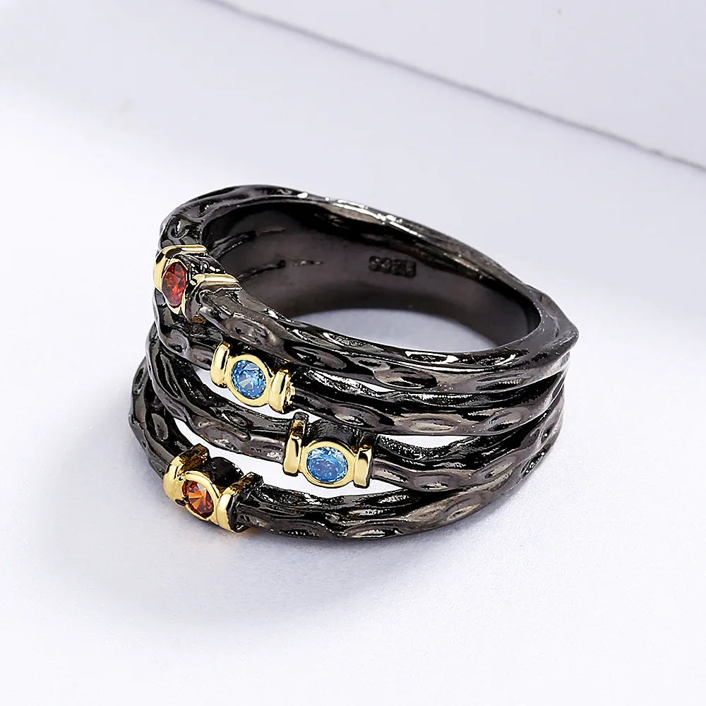 925 Stamp Inlaid with Colorful Zircon Women's Ring Multi-layer Irregular Black Gold Jewelry Women's Party Birthday Gift