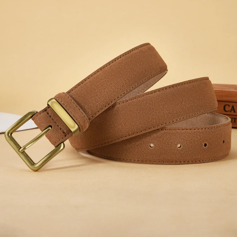 Women's Luxury Suede Cowhide Leather Belt – Gold Buckle Wide Waistband