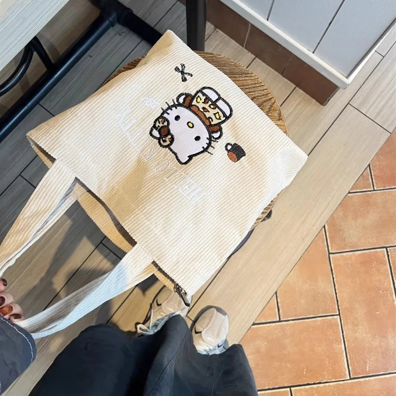 New Hello Kitty Handbag Cute Embroidered Large-Capacity Cartoon Handbag Corduroy Small Bag Students School Single Shoulder Bag