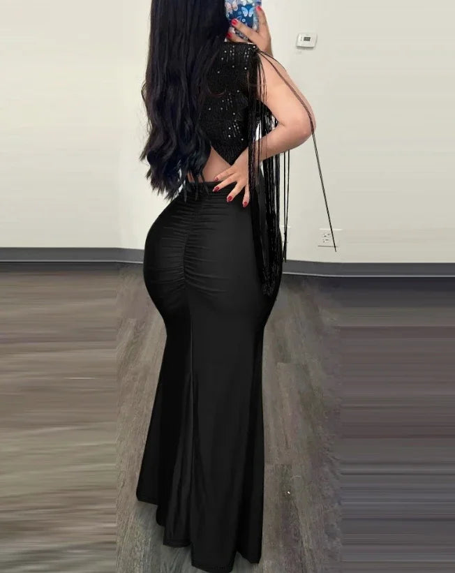 Elegant Dresses for Women Sexy Party Glamorous Contrast Sequin Ruched Slit Elegant Evening Bodycon Dress Streetwear Fashion 2024