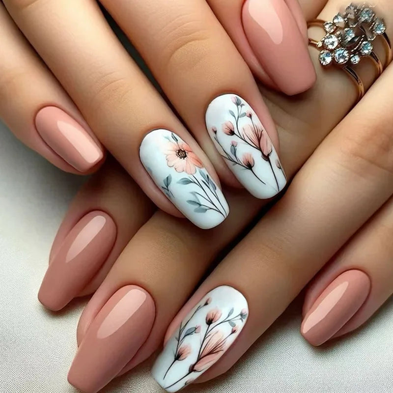 Flower Ballet Press-On Nails | 24pcs Long Full Cover Nail Tips | Brown Floral Design