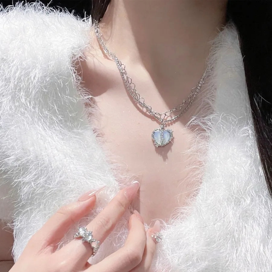 Shiny Stackable Necklace Heart Shape Pendant With Hollow Heart Shape Chain Lovely Neck Jewelry For Women Girls 1 Pc