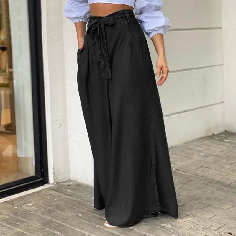 Women Denim Long Loose Wide Leg Pants High Waist Full Length Solid Color Trousers Jeans