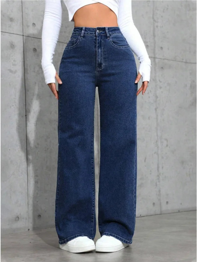 Ladies Washed Wide Leg Jeans High Waist Loose Casual Straight Leg Daily Bottoms