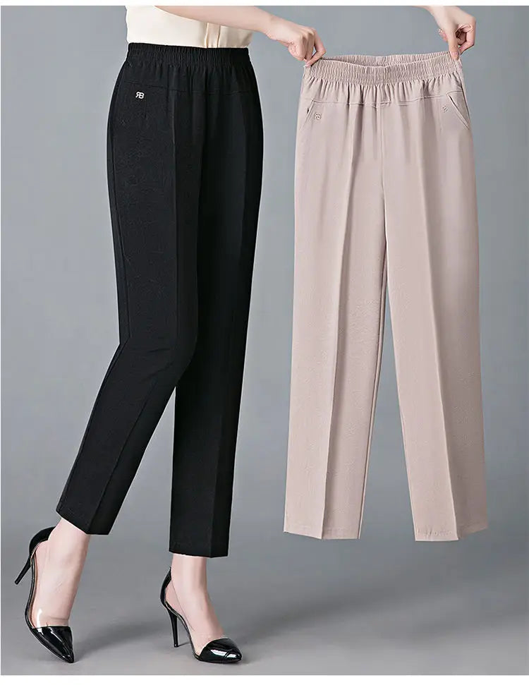 Office Lady Vintage Loose Straight Pants Spring Summer Thin Women Streetwear Fashion Casual Elastic High Waist Cropped Trousers
