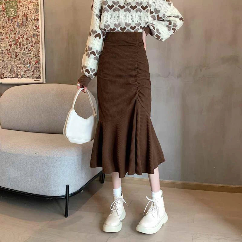 Fashion High Waist Midi Skirts for Women 2023 Spring Slim Fit  Hip Mermaid Skirt Woman Korean Ruffles Brown Skirts 2XL