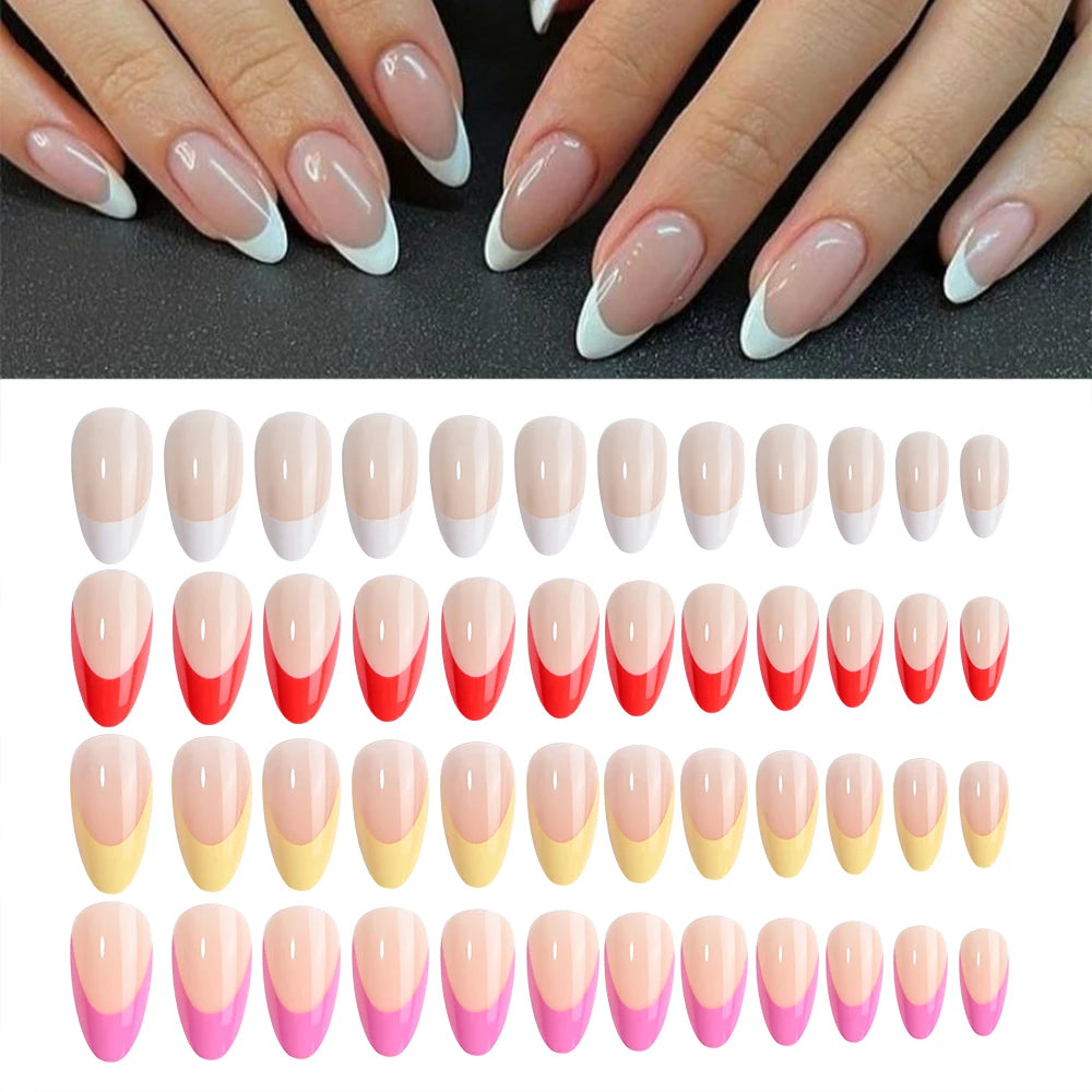 96Pcs/box Mixed Medium Almond French False Nails White/Red/Pink/Yellow French Press On Nails Full Cover Actylic Nail Fake Tips!5