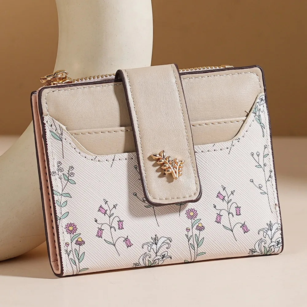 Slim PU Leather Short Wallet INS Multi-Cards Zipper Coin Purse Hasp Small Flowers Card Bag Wallet Zipper Hasp For Women Girl