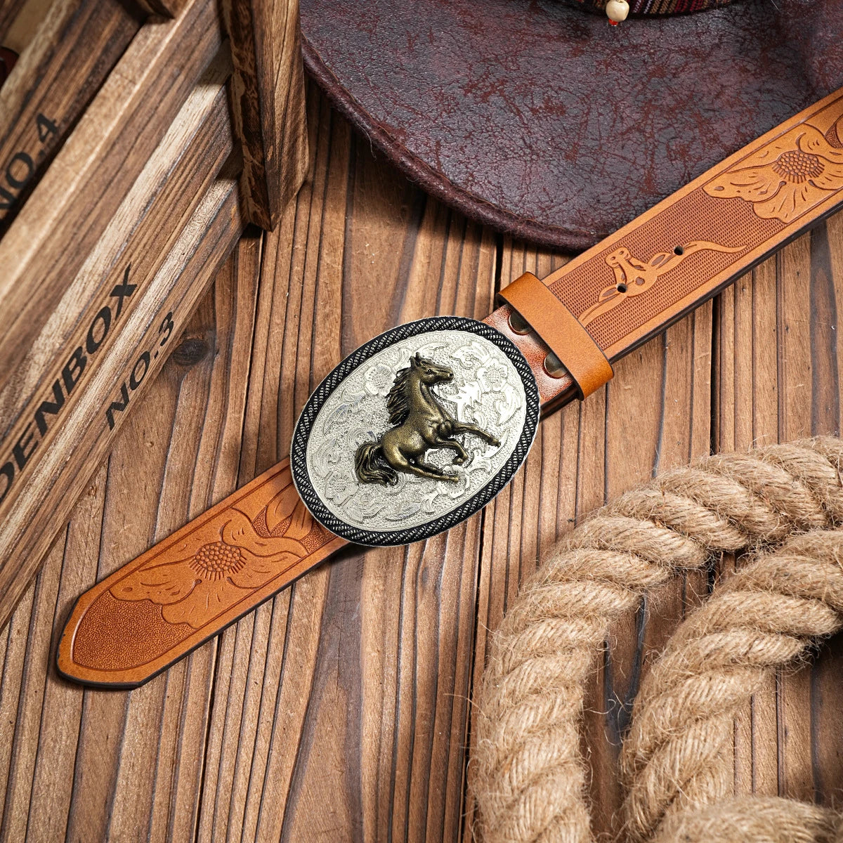 1pc men's Western style belt, horse, printed, pattern carved with flowers and long horn decorations, retro style, great Valentin