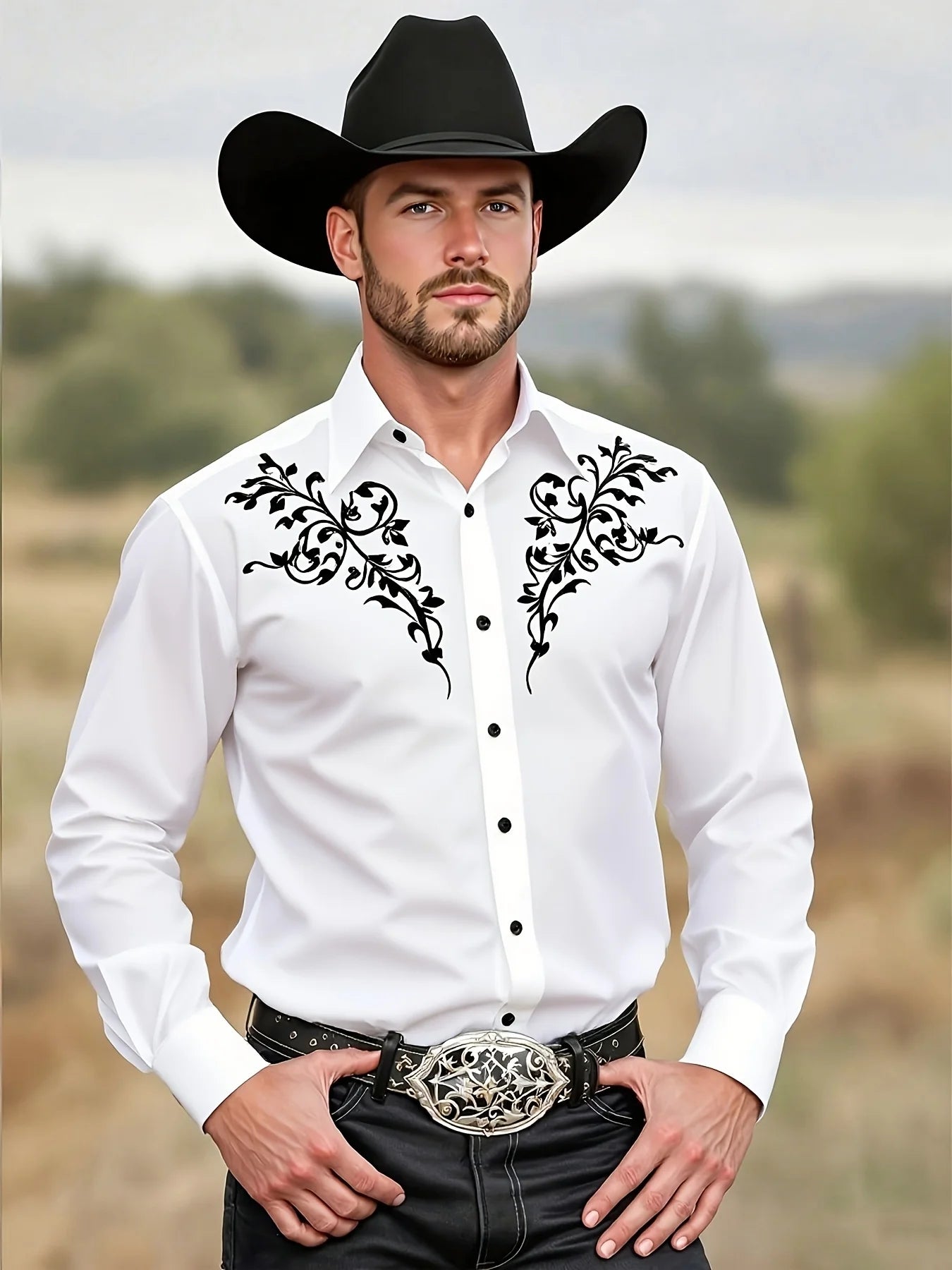 Men's Tribal Pattern Long Sleeve Men's Black Western Cowboy Shirt Western Event Attire  Stylish Men'S Shirt Slim Fit Shirt