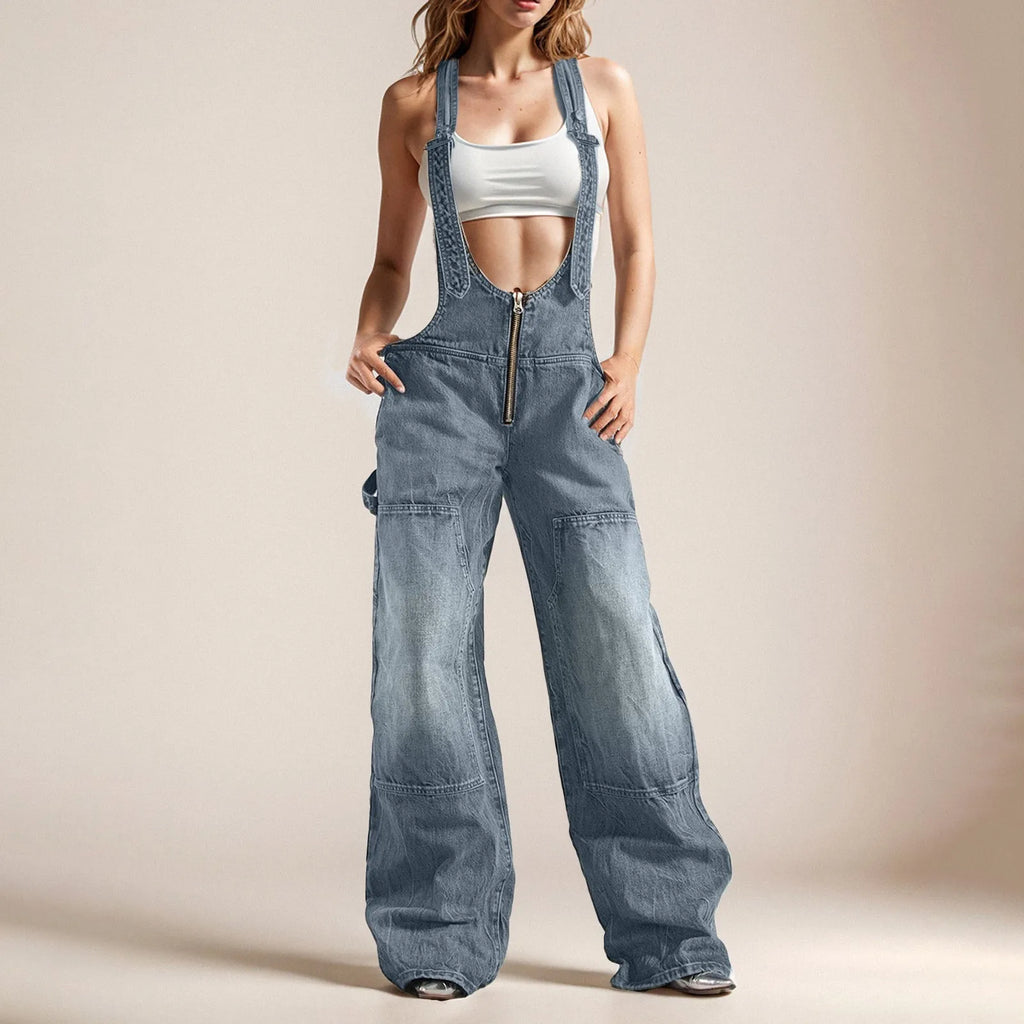 Women Adjustable Straps Loose Straight Wide Leg Jeans Dress Romper