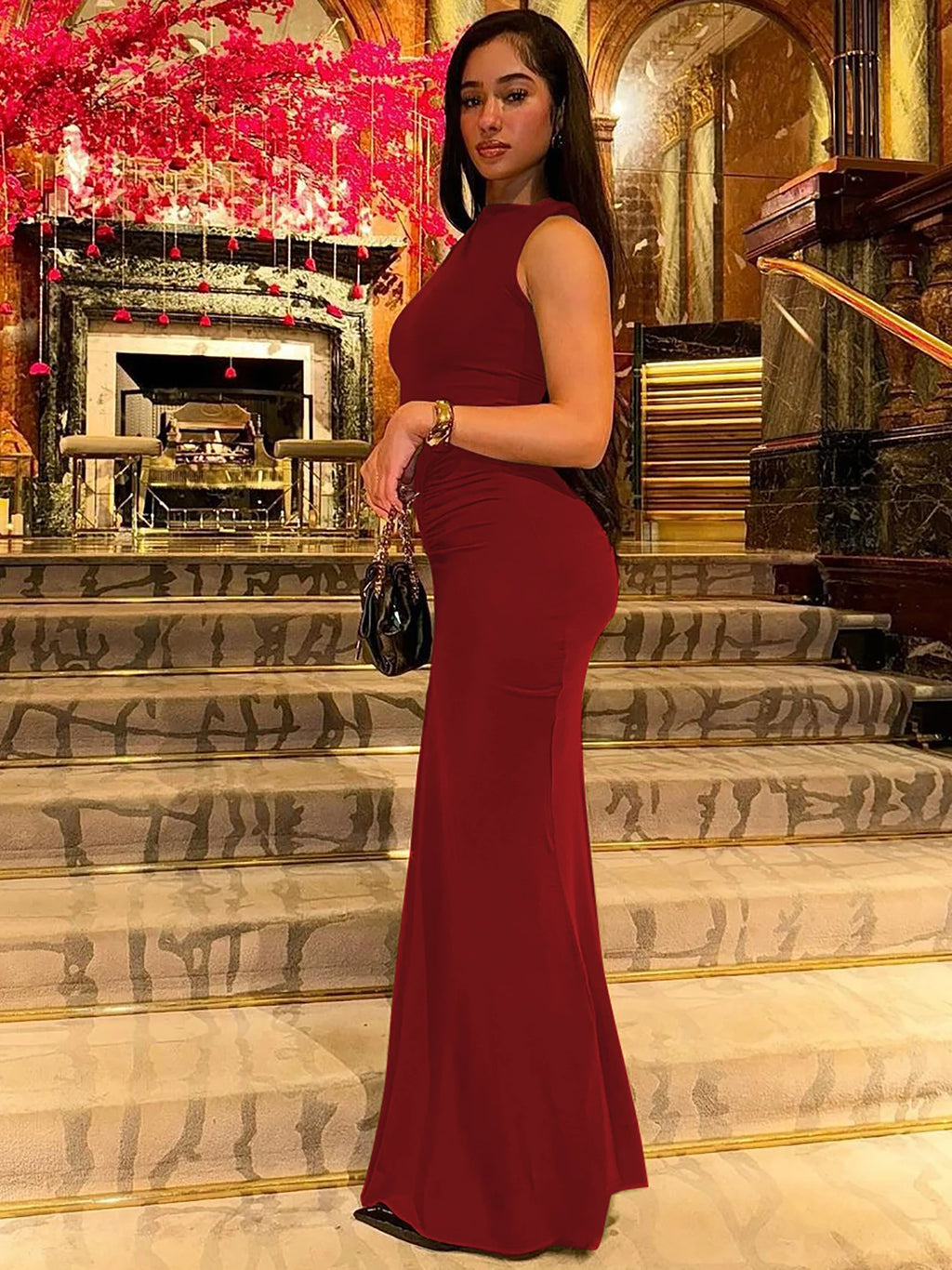 Dulzura Elegant Long Dress Ruched Bodycon Sleeveless Solid Dresses Lady Cocktail Party Wedding Guest Formal Women Clothes 2024