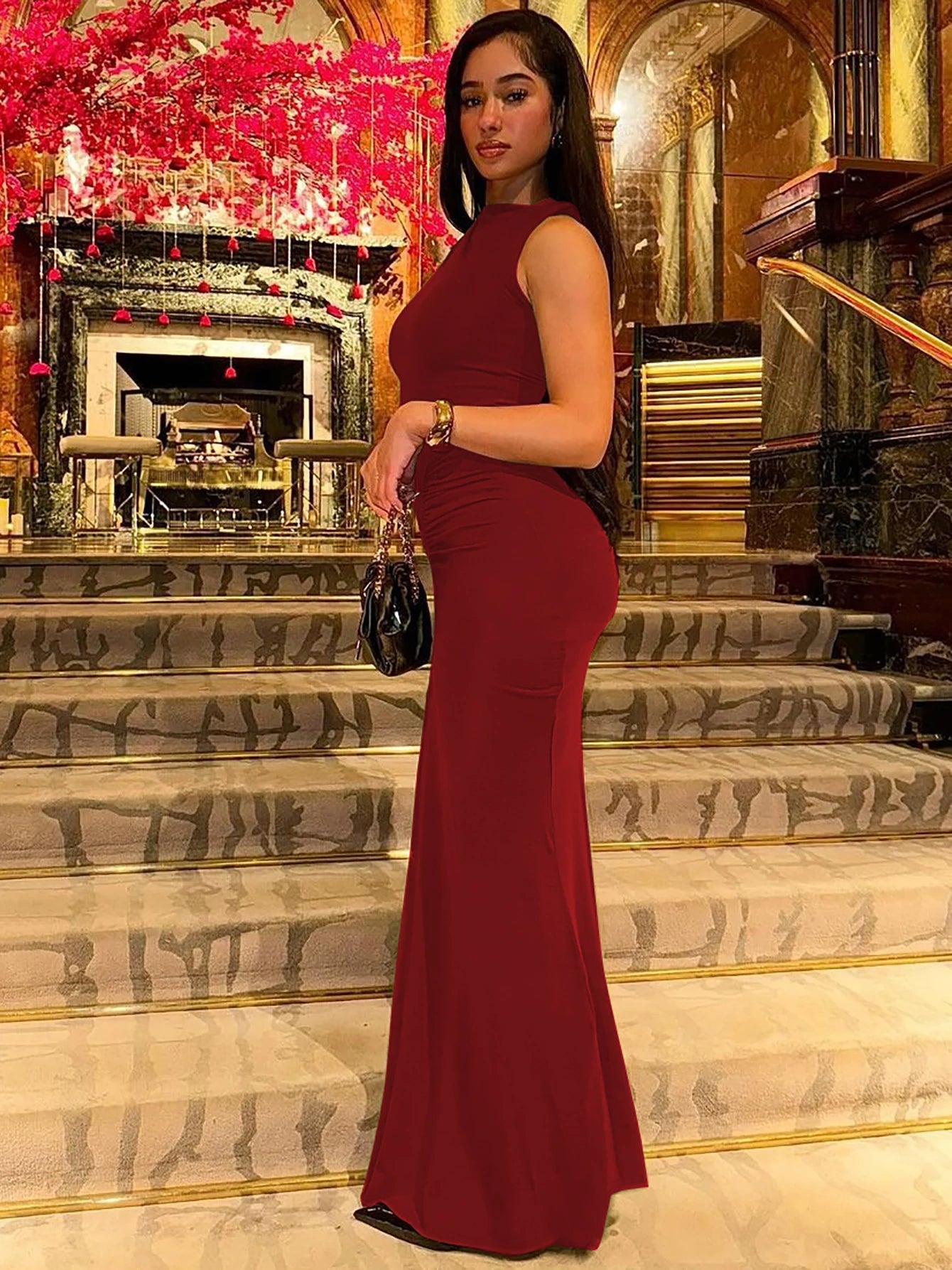 Dulzura Elegant Long Dress Ruched Bodycon Sleeveless Solid Dresses Lady Cocktail Party Wedding Guest Formal Women Clothes 2024