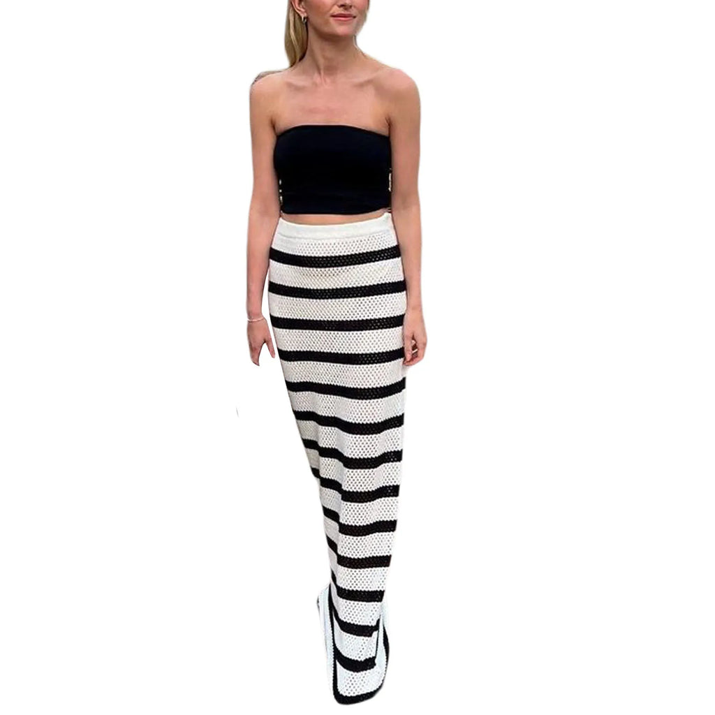 Women Crochet Cover Up Skirts Elastic High Waist Striped Contrast Color Knit Long Skirts Beachwear