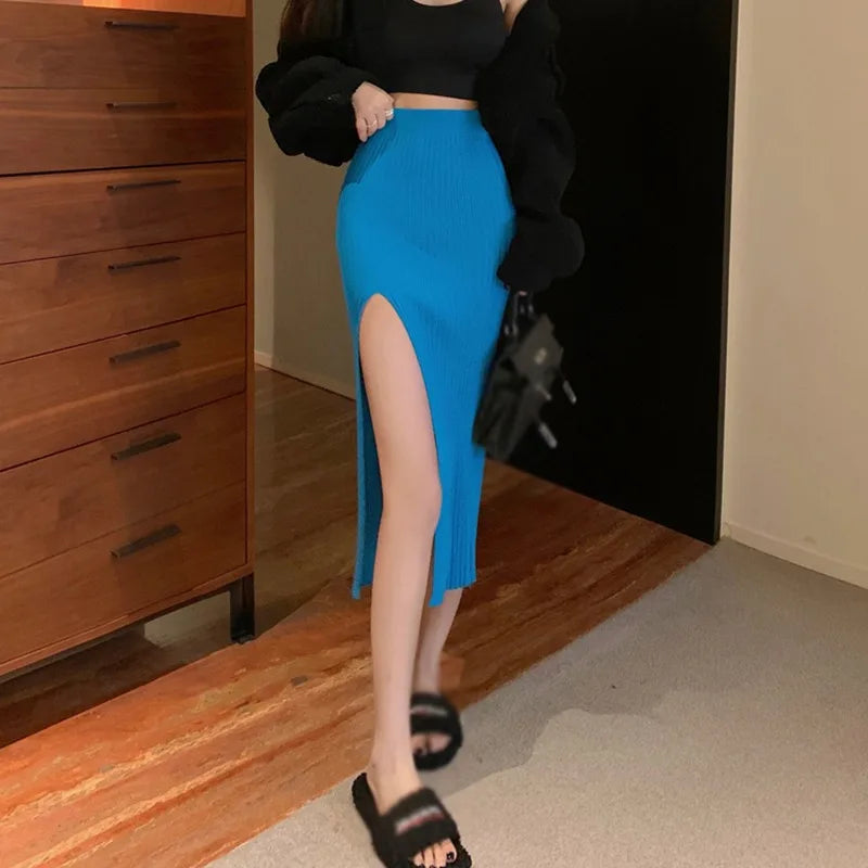Women Sexy Split Bodycon Long Skirt  Elegant Slim Fit High-Waisted Skirts Female Pure Desire Hot Girl Knitted Elastic Dress