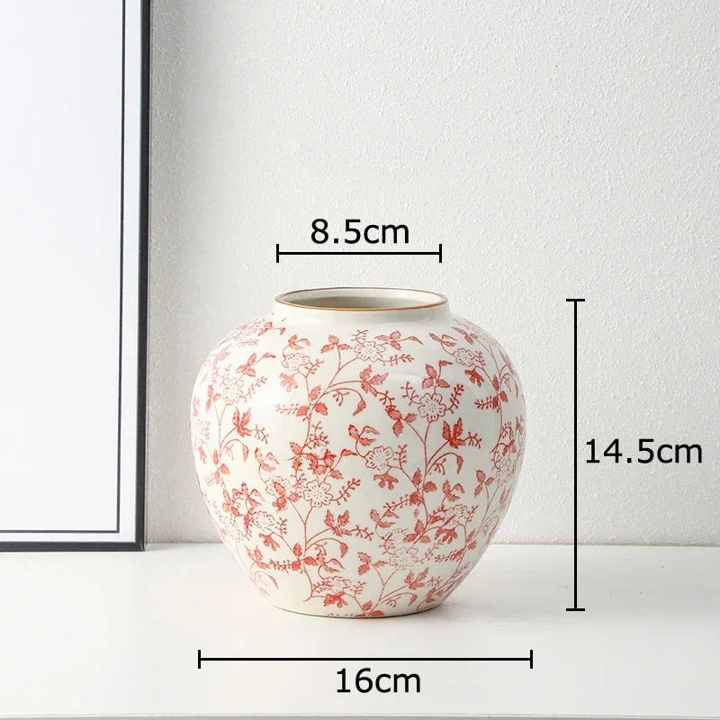 Red and White Porcelain Vase Elegant Classical Flowers Pot