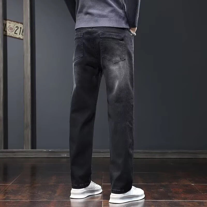 Men Fashion Loose Straight Elasticity Jeans Male Wear-resistant Slim Fit Denim Pants Smart Casual Dark Gray Trousers