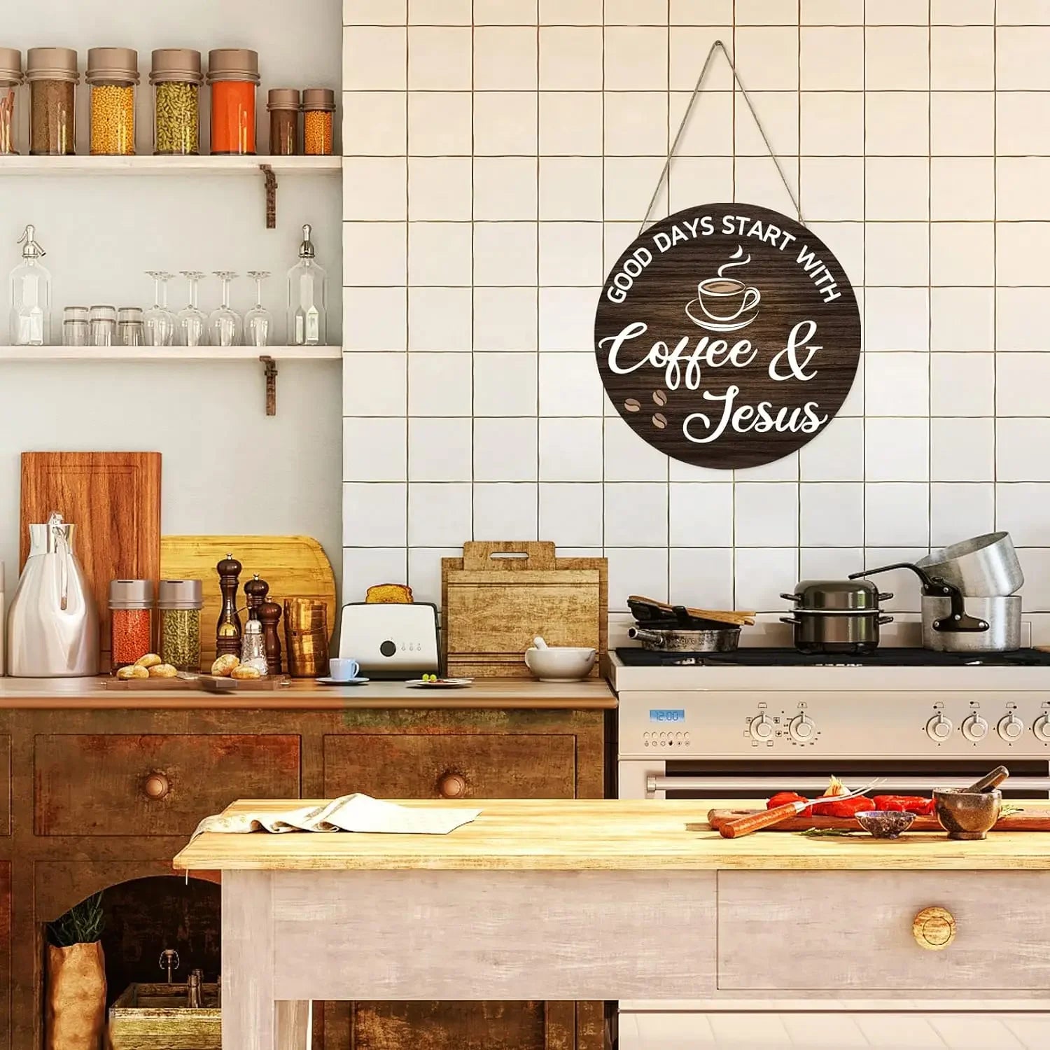 Rustic Wooden Coffee Themed Wall Plaque, Farmhouse Style Decor for Kitchen Home Office Cafe Coffee Bar Station, Ideal Housewarmi
