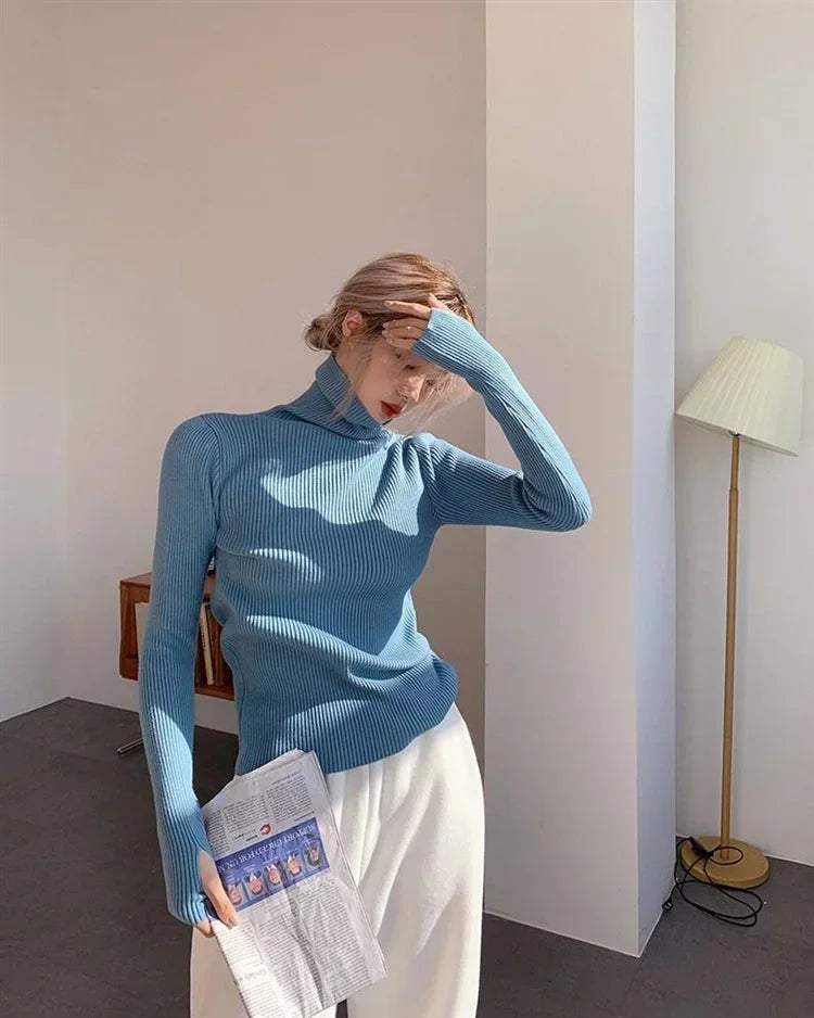 Women Turtlneck Sweater Elegant Solid Basic Knitted Tops Casual Pullover Korean Fashion Simple with Thumb Holes Chic Clothes